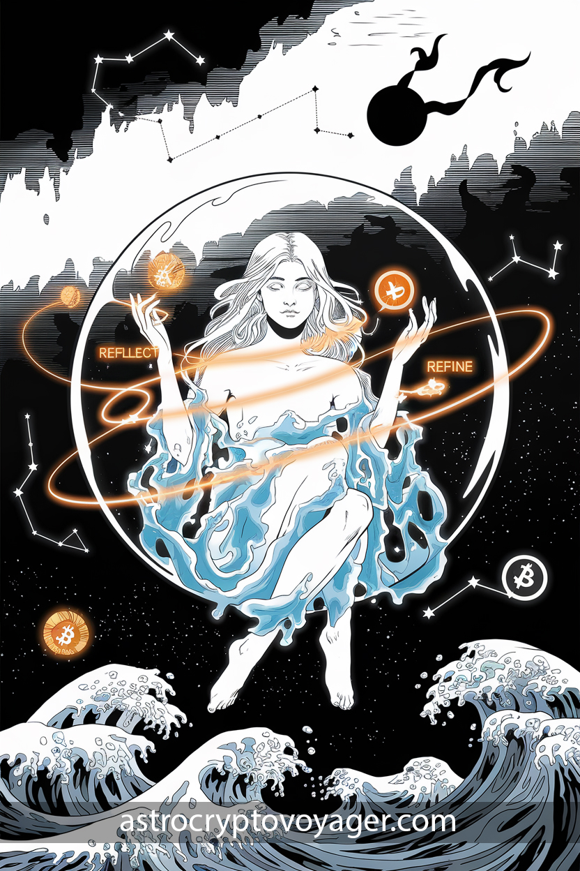 Comic-style illustration in black and white with orange accents: A tranquil Pisces woman in glowing water-like robes untangling holographic crypto charts labeled ‘Reflect’ and ‘Refine,’ seated in a cosmic bubble with Mercury’s shadow and rippling wave-like constellations in the background.